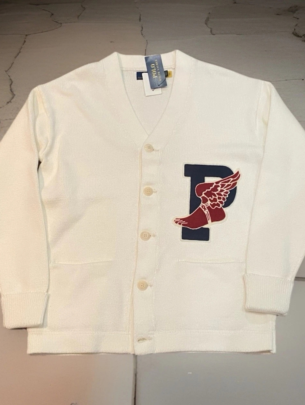 Polo Ralph‎ Lauren Sweater Mens Medium Cream Cardigan with Navy & Red Patch